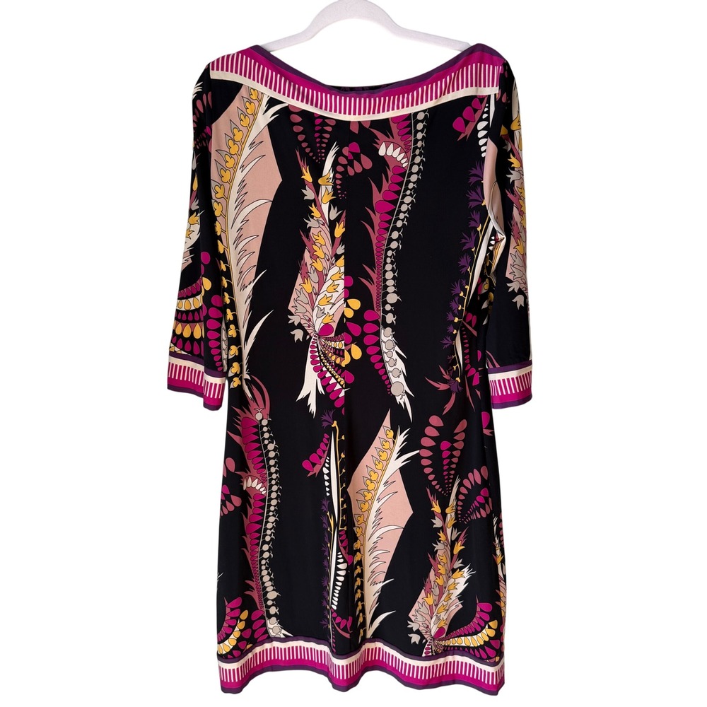 Vintage Cache 3/4 Sleeve Sheath Dress Abstract Print Black Pink Jersey Knit 12